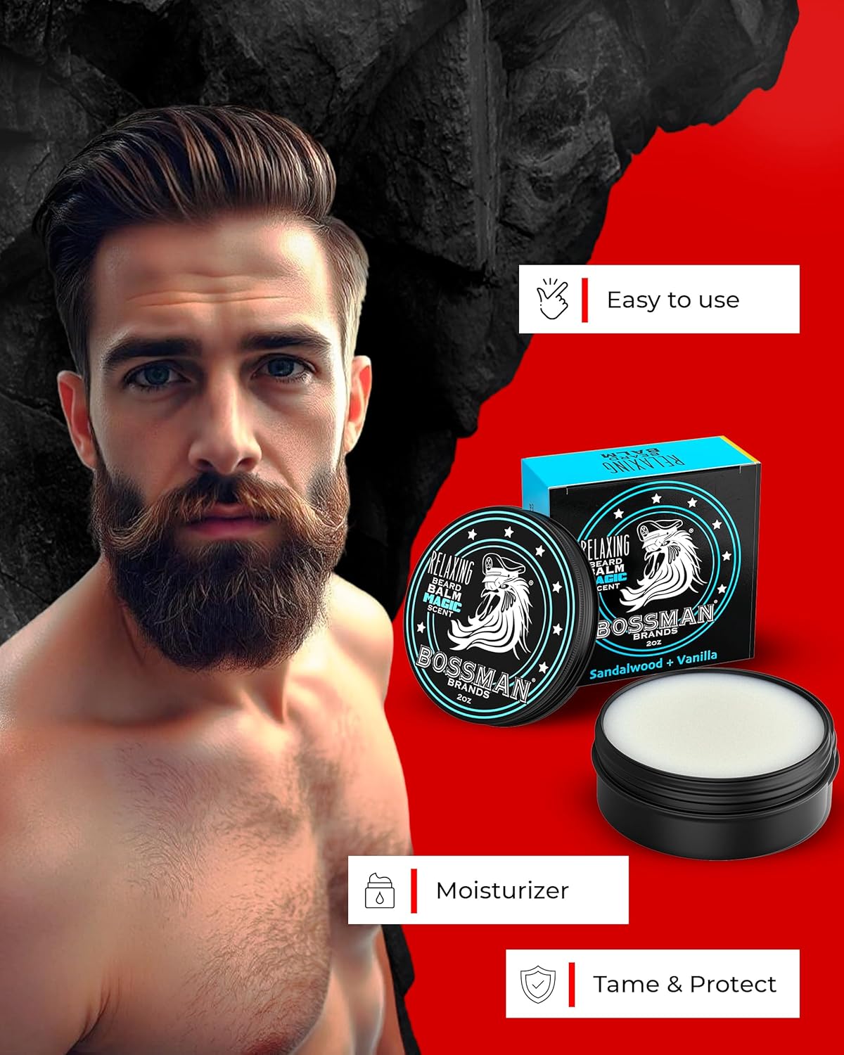 Bossman Relaxing Beard Balm for Men (Magic Scent) – Tames, Relaxes, Thickens & Softens for Ultimate Beard Care – Made in USA