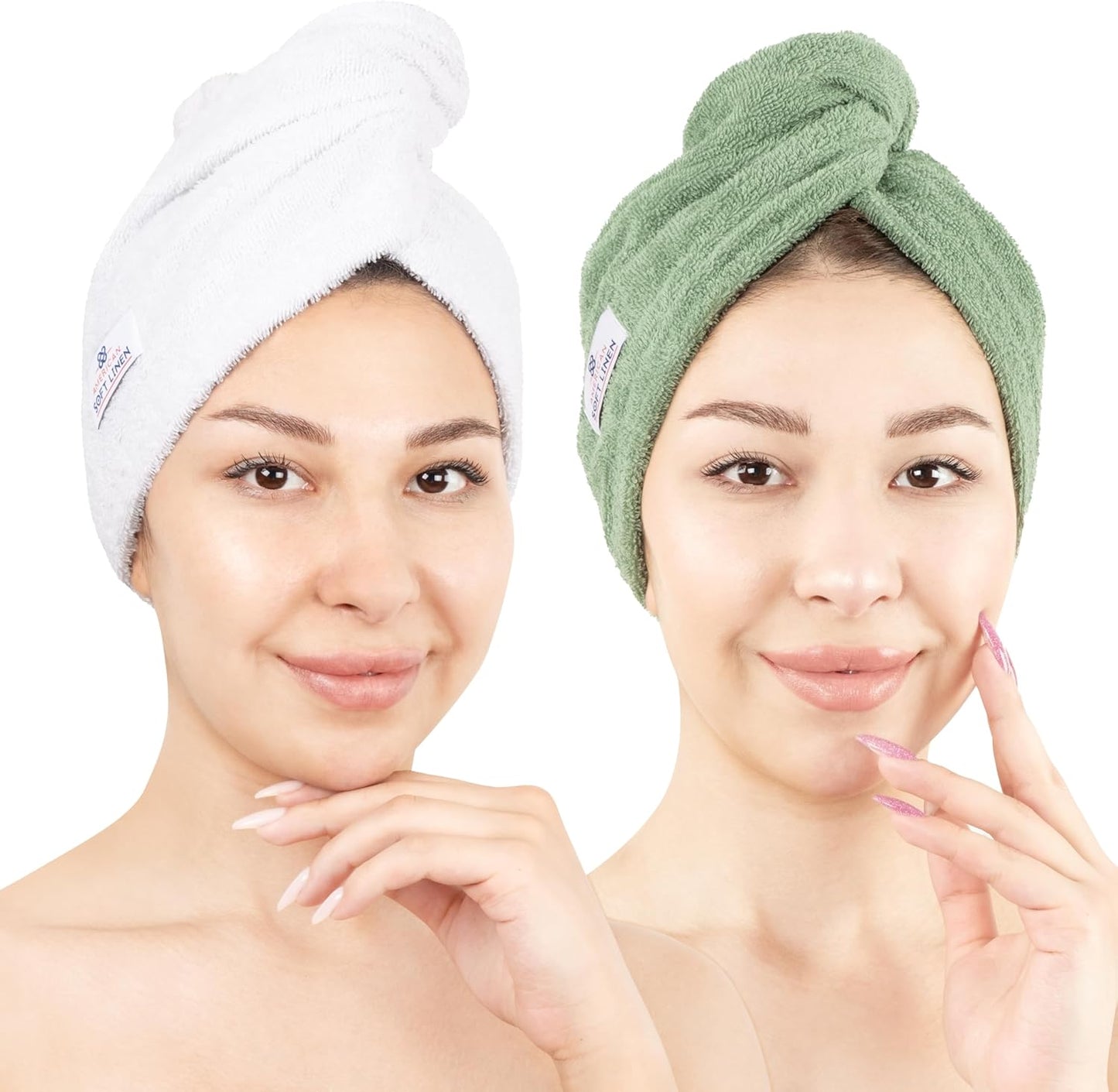 American Soft Linen 100% Cotton Hair Towels for Women, Head Towel Cap, Cotton Hair Turban Towel Wrap for Hair, Soft and Absorbent Cotton Hair Towels 2 Pack, White-Sage Green