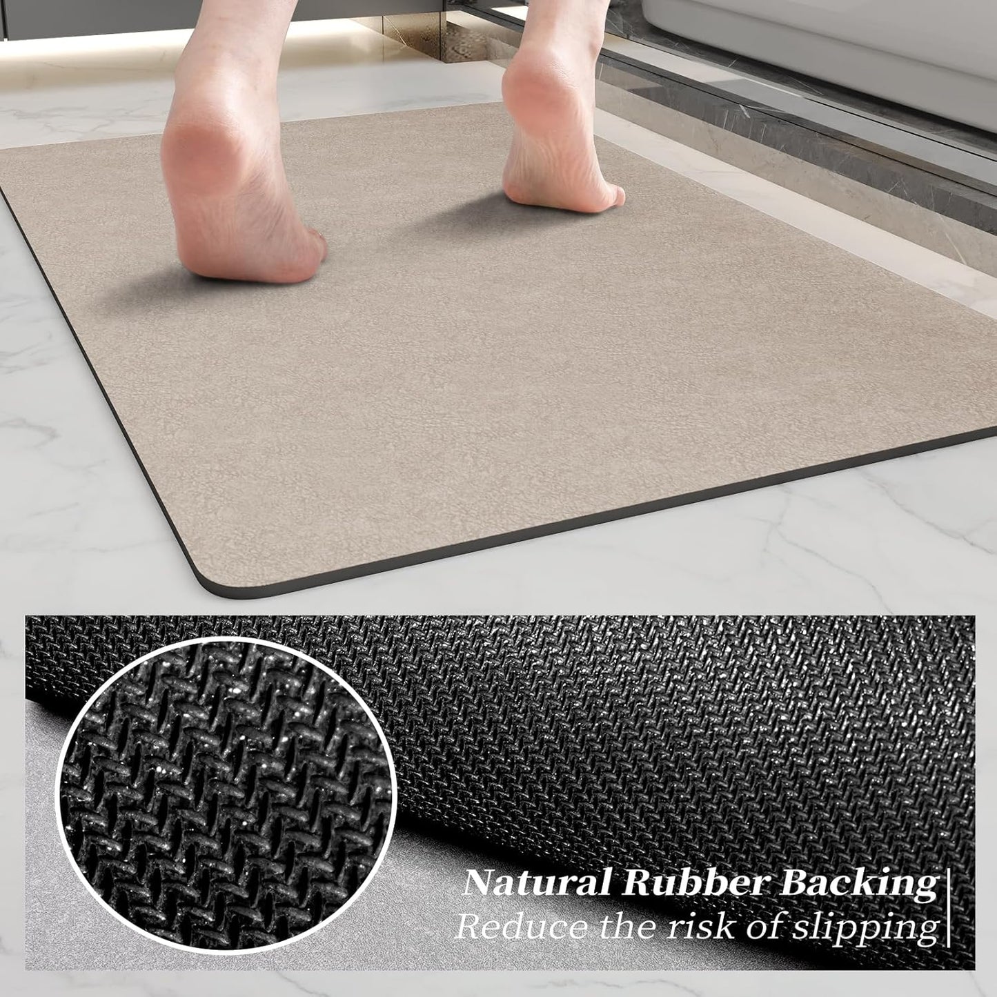 Bathroom Mat Rugs Sets 2 Piece - Quick Dry Super Absorbent Bath Mat for Bathroom Diatomaceous Earth Bathroom Rugs with Rubber Backing Non-Slip Bath Mat Rugs for Shower Floor, 47x17 + 24x17, Taupe