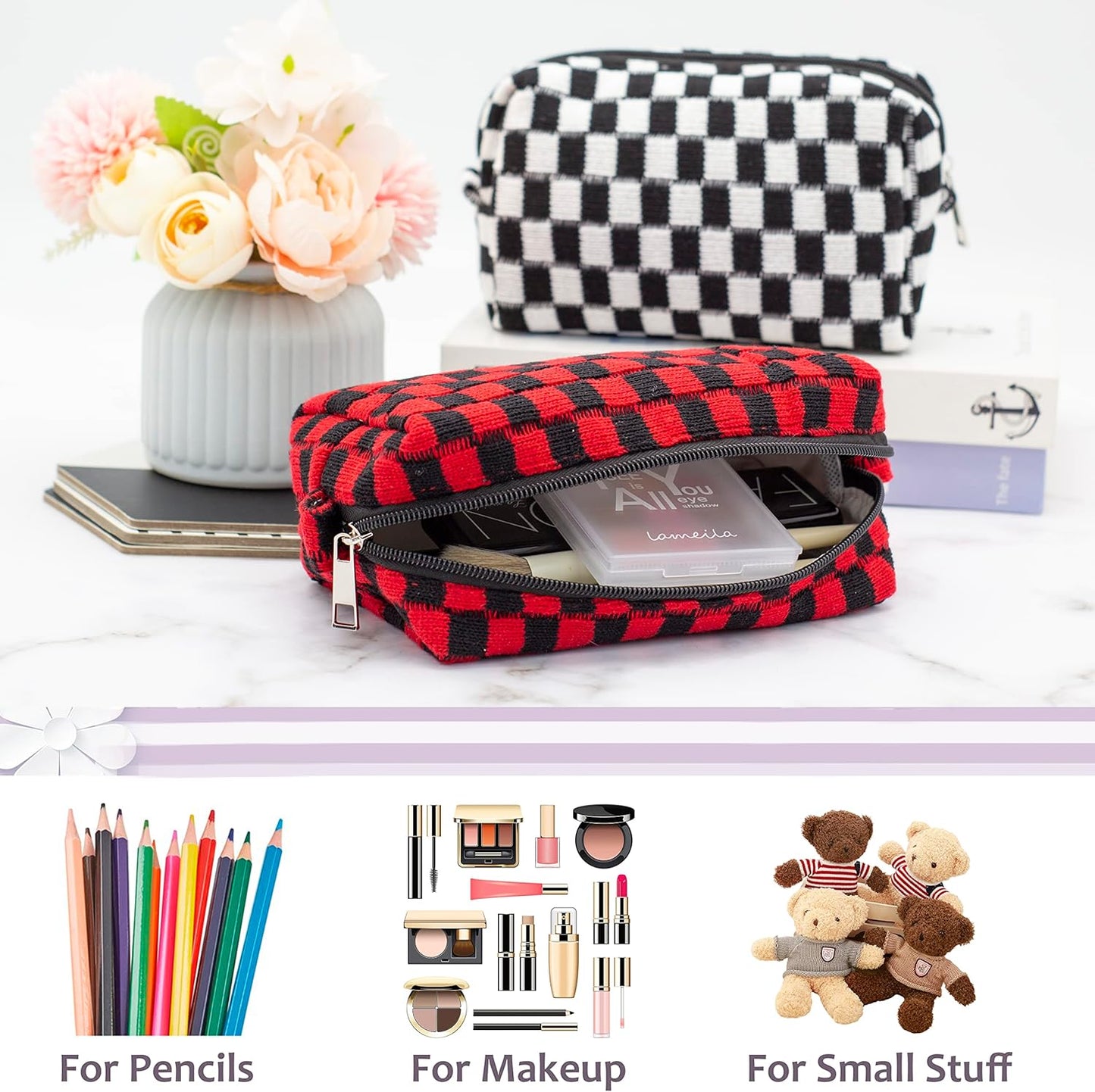 PAZIMIIK Checkered Makeup Bag for Purse Portable Zipper Make Up Pouch Small Cosmetic Case for Travel Accessories (Red Black)