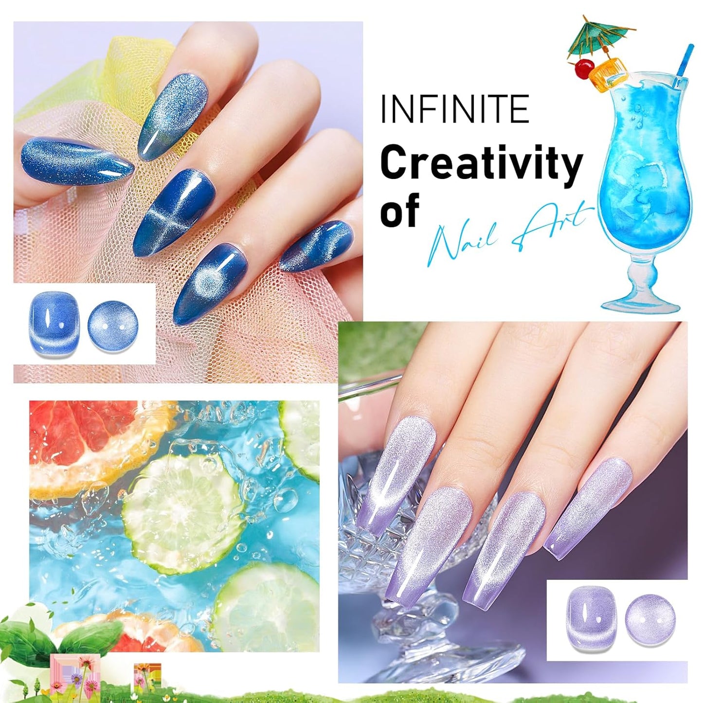 MIZHSE Cat Eye Gel Nail Polish: 8 Colors Summer Magnetic Gel Polish Kit with Magnet Stick, Shimmery Glitter Neon Colors Green Yellow Blue Soak Off Nail Art Salon Home Manicure Women Gift