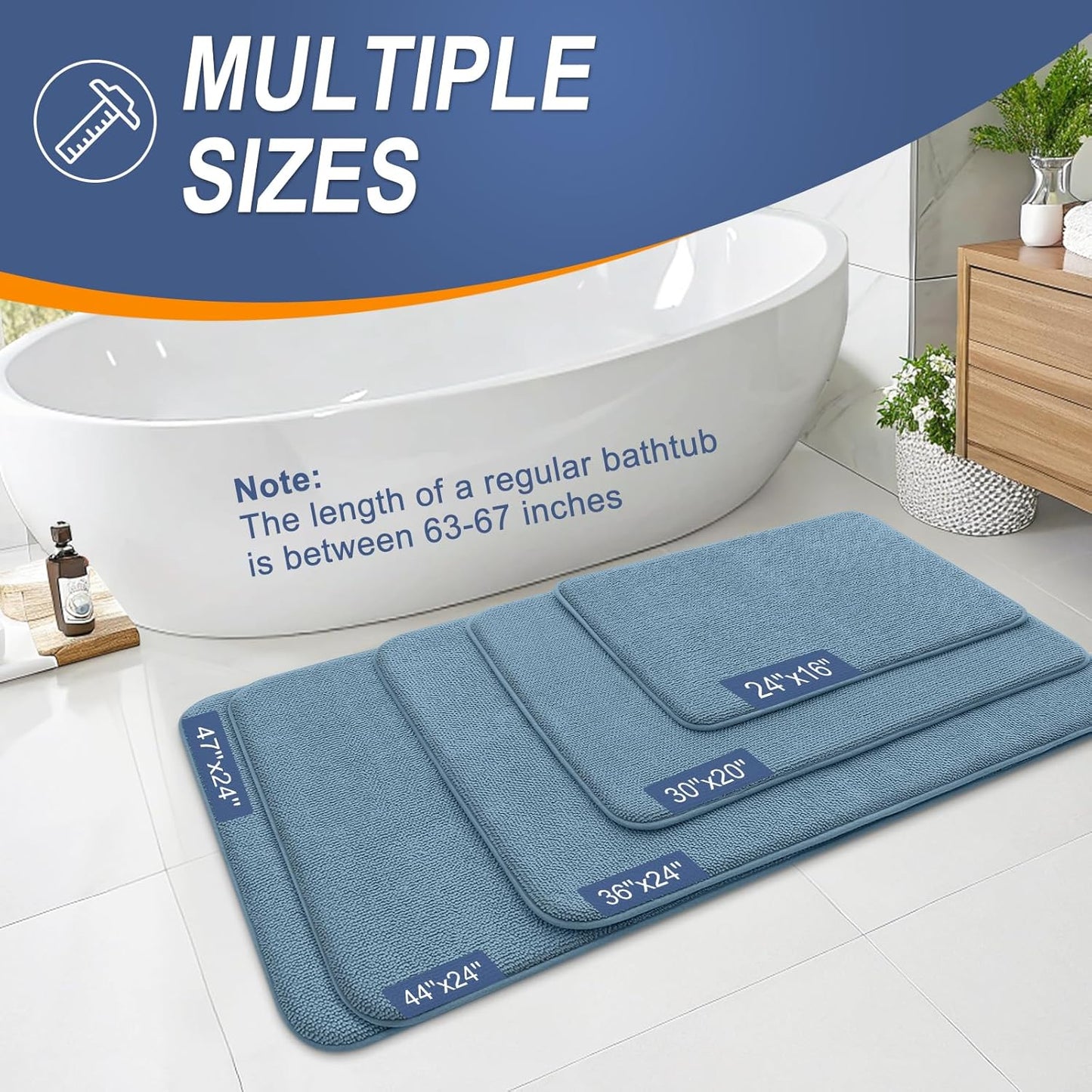 OLANLY Thick Memory Foam Bath Mat Rug 47x17, Extra Soft Absorbent Bathroom Rug, Quick Dry Bath Mats, Non-Slip, Machine Washable Carpet for Bathroom, Tub and Shower, Home Decor Accessories, Airy Blue
