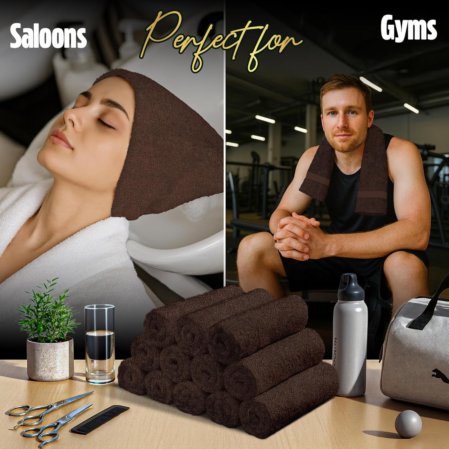 Pearl Linens Pack of 24 100% Cotton Hand Towels, Salon Towels for Spa, Gym and Bathroom Use, Hair Towels in Bulk, Soft, Absorbent, Quick Dry & Machine Washable, 16x27 inches, Brown