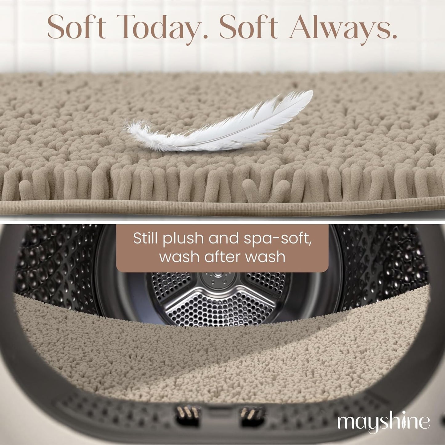 MAYSHINE Plush Shaggy Chenille Bath Mat | Extra Soft, Super Absorbent, Non-Slip Bathroom Rug | Fluffy Microfiber, Area Rug Sets for Bathroom Floor, Kitchen, Living Room | 71"x31" | Beige