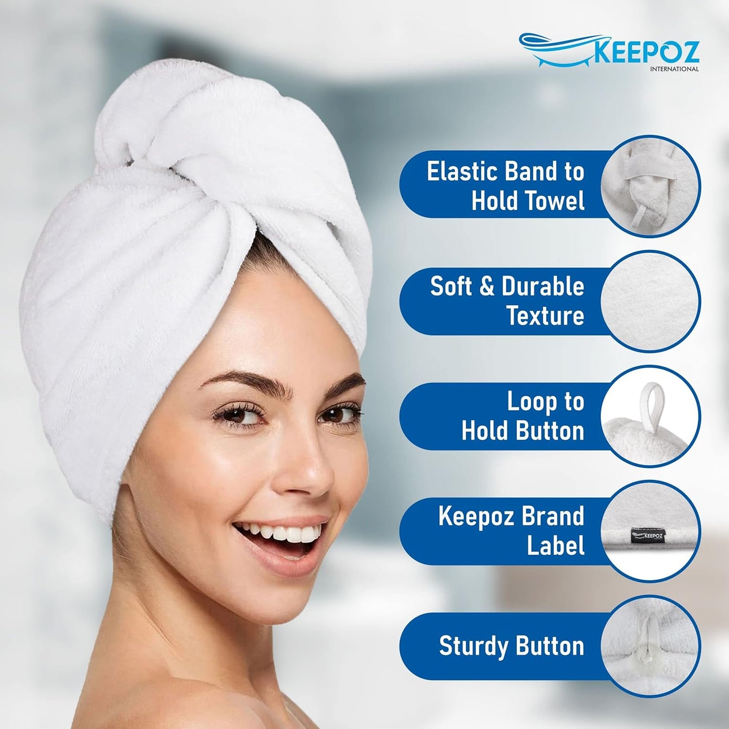 KEEPOZ 100% Cotton Hair Towel Wrap Quick Dry Super Absorbent Turban Head Wrap for Women with Button, Anti Frizz, Hair Cap for Curly, Long & Thick Hair (White, 1 Pc)