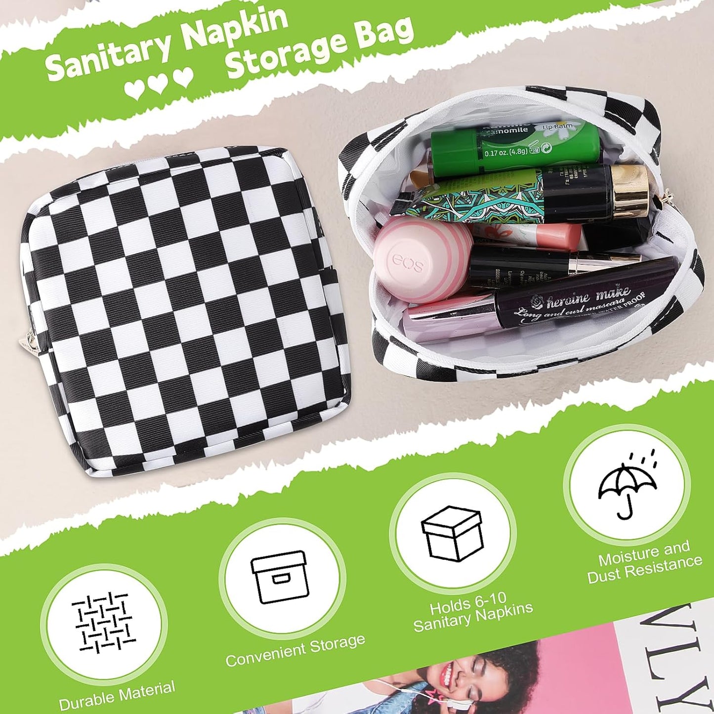 Desing Wish Sanitary Pad Storage Bag Portable Period Bag for Teen Pads/Sanitary Napkins/Small Tampons, Sanitary Napkin Storage Bag First Period Gifts for Teen Girls (Black-white Check)