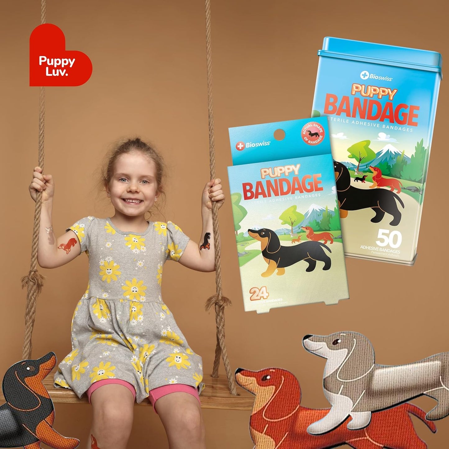 BioSwiss Kids Bandages, Puppy Shaped Self Adhesive Bandage Set, Latex Free, Sterile Wound Care, 50 Count