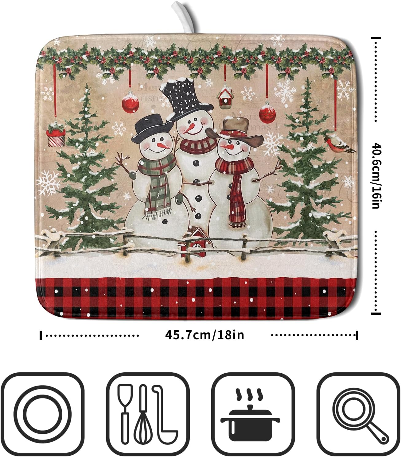 Winter Snowman Dish Drying Mat 16x18 Inch Red Buffalo Plaid Holiday Dish Drainer Mat Absorbent Dish Rack Pad for Kitchen Counter Sink Decor