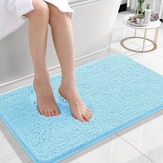 OLANLY Bathroom Rugs 24x16, Extra Soft Absorbent Chenille Bath Rugs, Rubber Backing Quick Dry, Machine Washable Bath Mats for Bathroom Floor, Tub and Shower, Home Decor Accessories, Sky Blue