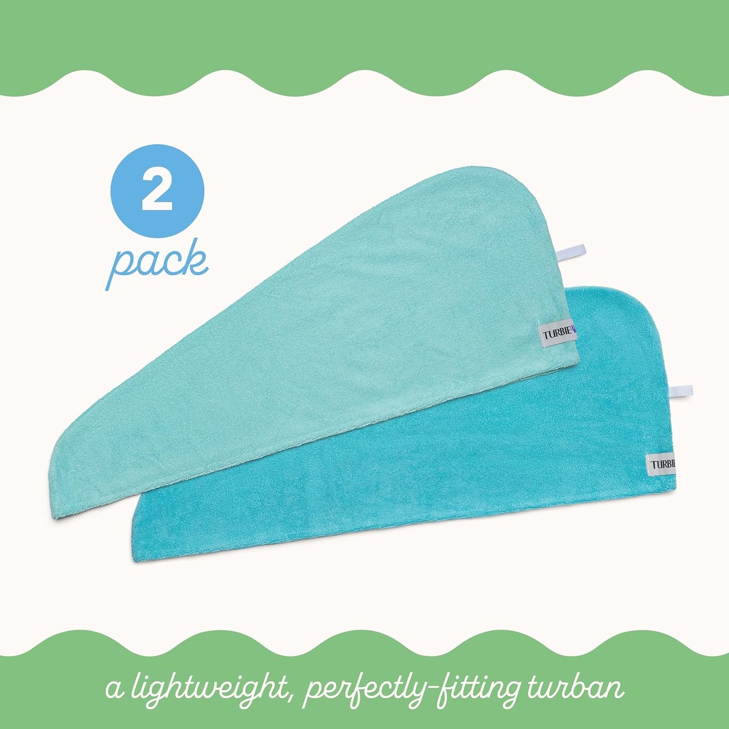Turbie Twist 2-Pack Microfiber Hair Towel for Beauty, Travel, Gifting - Hair Wrap Turban for Straight, Wavy & Curly Hair - Premium Personal Care - Dark Aqua & Light Aqua