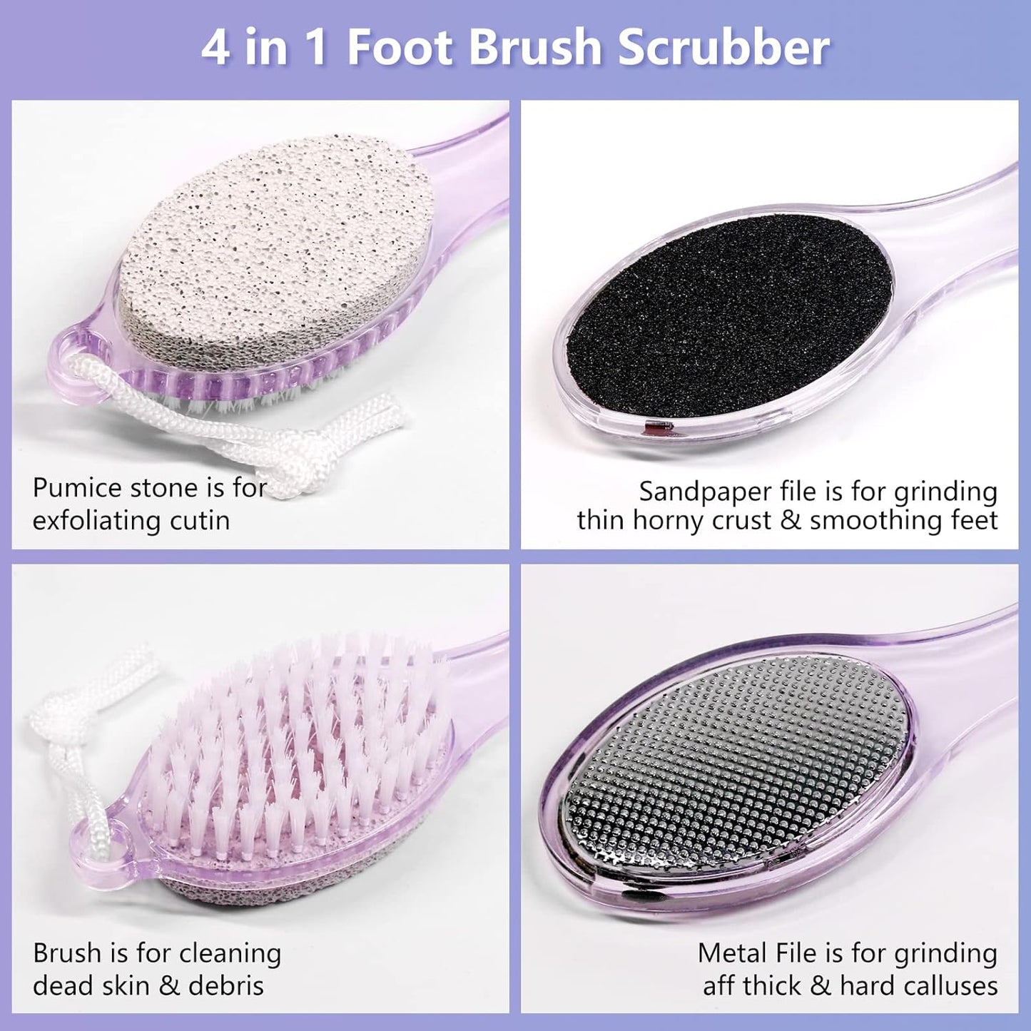 Pumice Stone Brush for Feet - 2 Pack Foot Brush Scrubber 4 in 1 Foot File Pedicure Paddle Kit for Foot Care (Lilac and Blue)