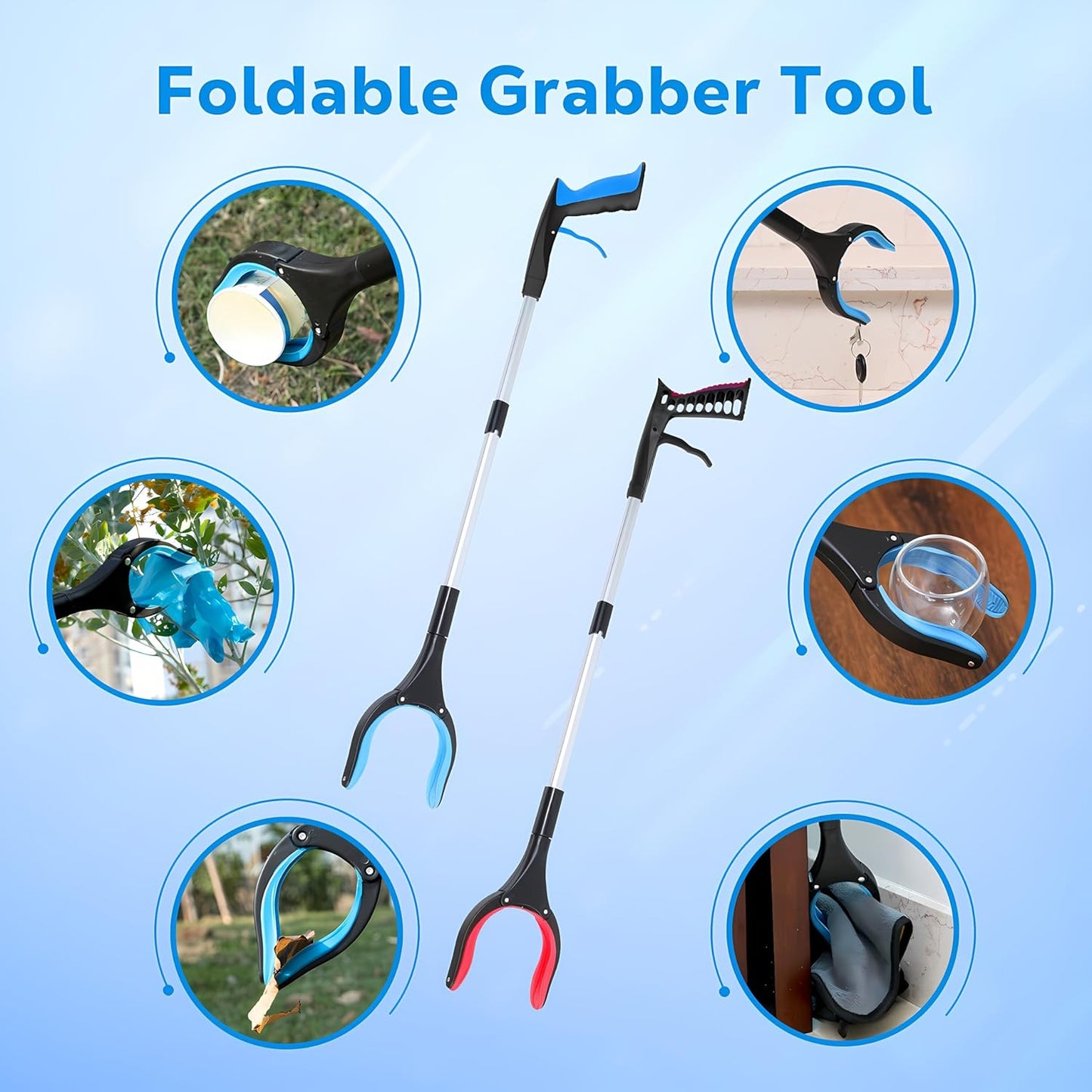 Grabber Reacher Tool - 32” Extra Long Foldable Gripper and Reaching Tool - Heavy Duty Pick Up Stick Grabbers for Seniors, Trash, Surgery Recovery Must Haves Gifts (Blue-2pc)