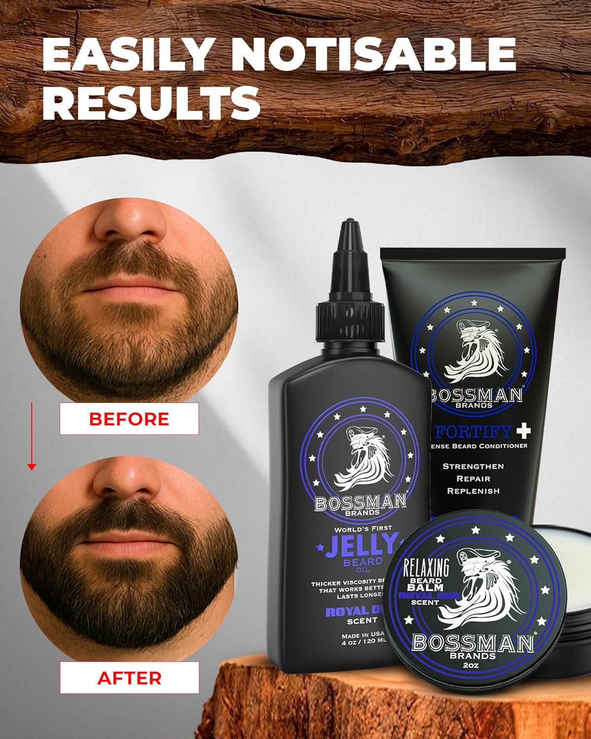 Bossman Essentials Beard Kit for Men, Set of 3 - Beard Oil Jelly, Fortifying Conditioner Cream, Beard Balm - Grooming Growth Care Accessories - Gift Set for Men (Hammer)