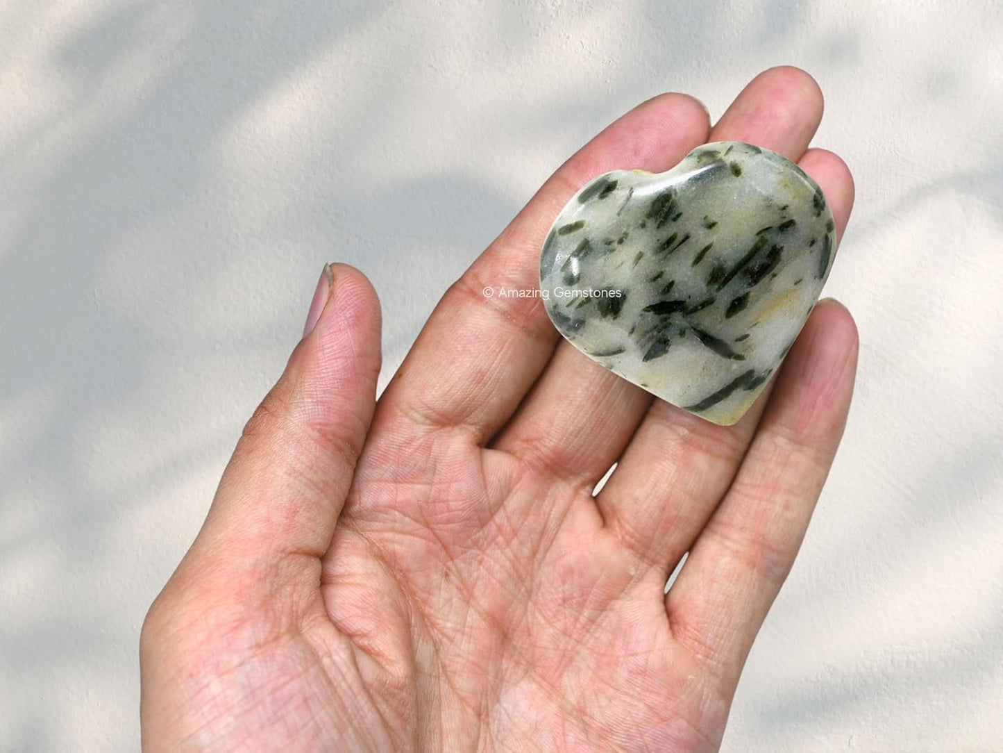 Amazing Gemstone Green Tourmaline in Quartz Crystal Heart Palm Stone - Pocket Massage Worry Stone for Natural Body Chakra Balancing, Reiki Healing and Crystal Grid