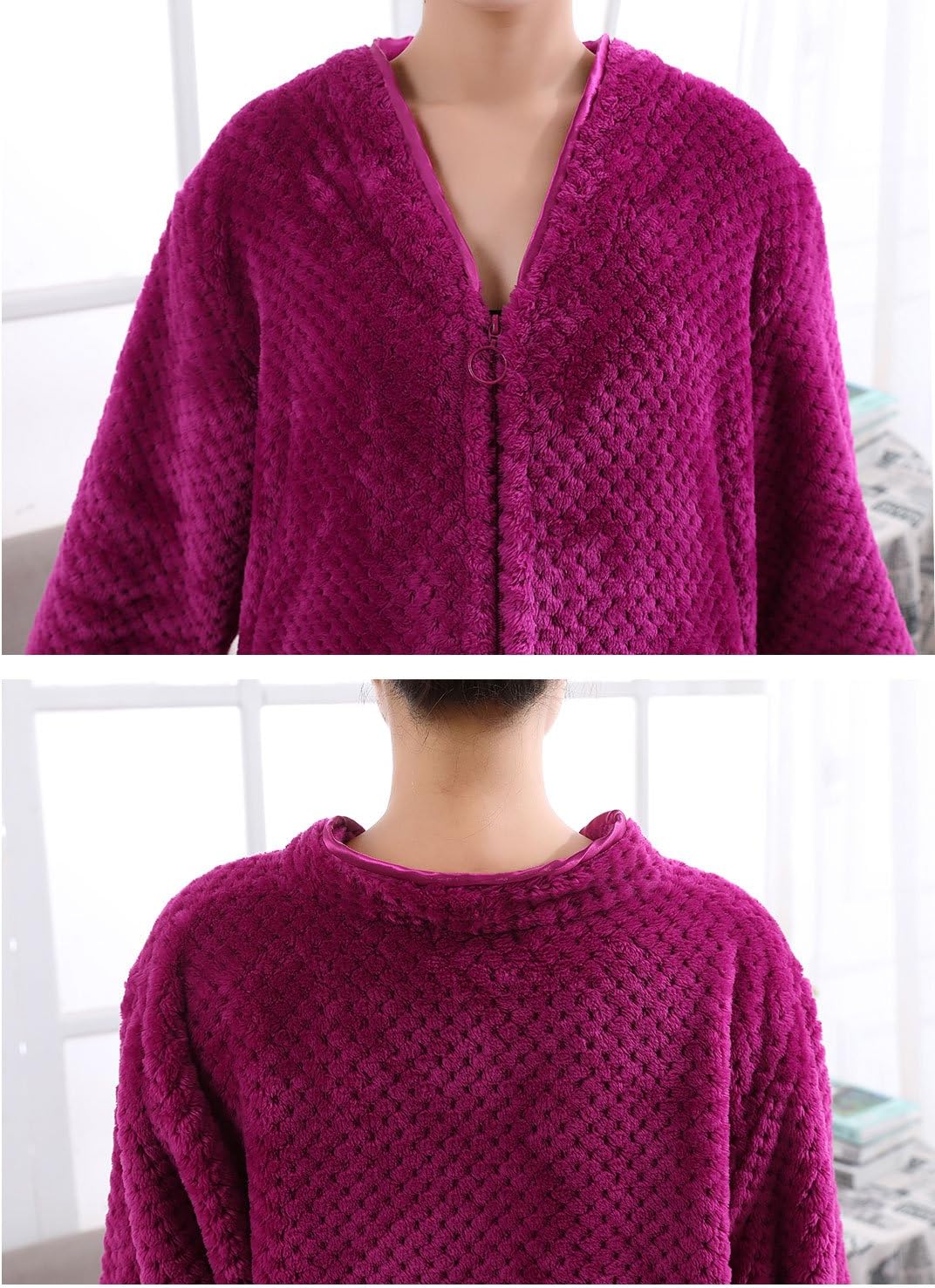 Artfasion Womens Fleece Robe Plush Long Zip Front Bathrobe with Pockets Warm Soft Zippered Bathrobes for Women