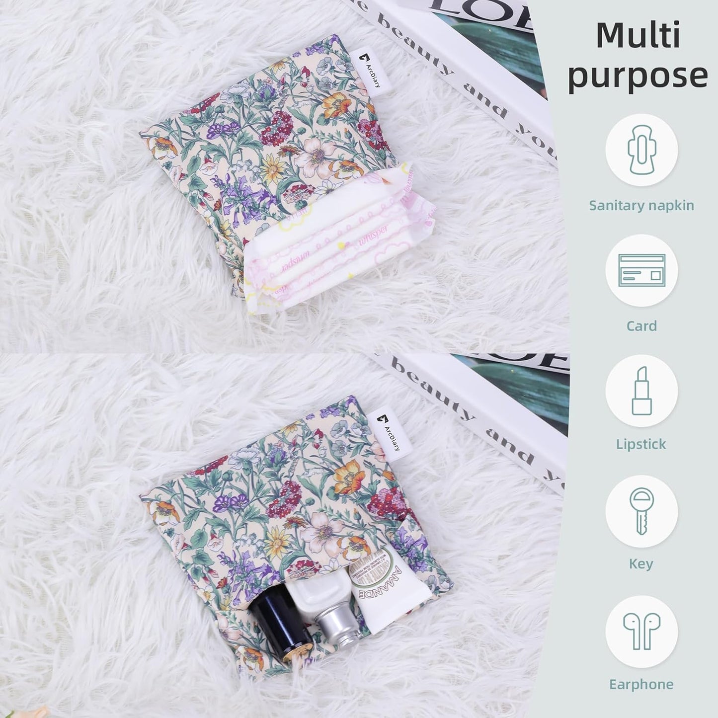 Period Bag for Teen Aged Girls, Portable Sanitary Pad Storage Bag for Teen Pads/Sanitary Napkins/Small Tampons, Feminine Menstrual Cup Pouch (Iris Meadow)