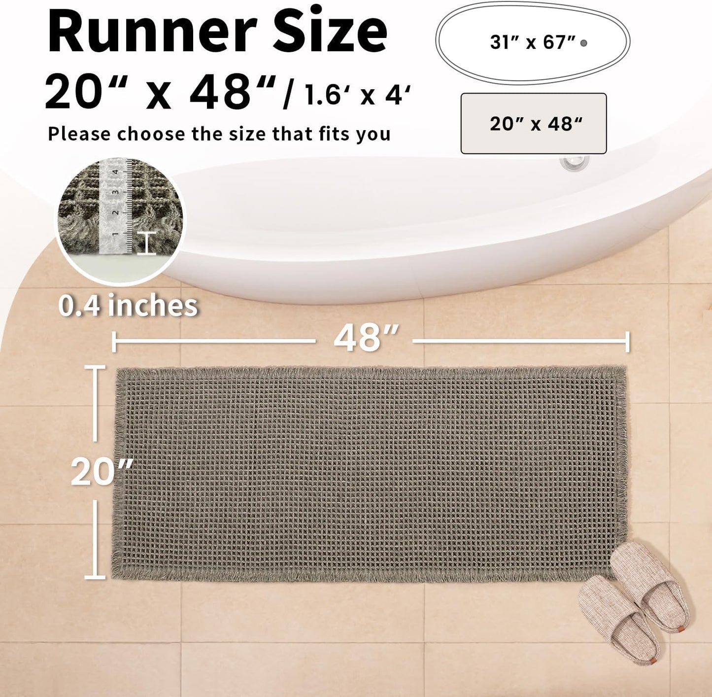 Waffle Bath Mat - Boho Bathroom Rugs Non Slip Washable, Super Absorbent & Quick Dry, Soft Bath Mat Farmhouse Bathroom Decor, 20'' x 48'', Olive Green