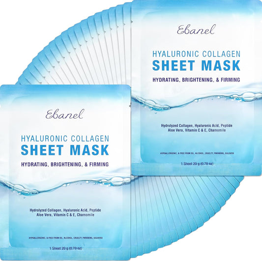Ebanel 40 Pack Collagen Face Mask with Hyaluronic Acid, Vitamin C, Peptide, Aloe, Instant Brightening Hydrating Face Masks Skincare Korean Sheet Mask, Skin Firming, Lifting Anti Aging Facial Masks