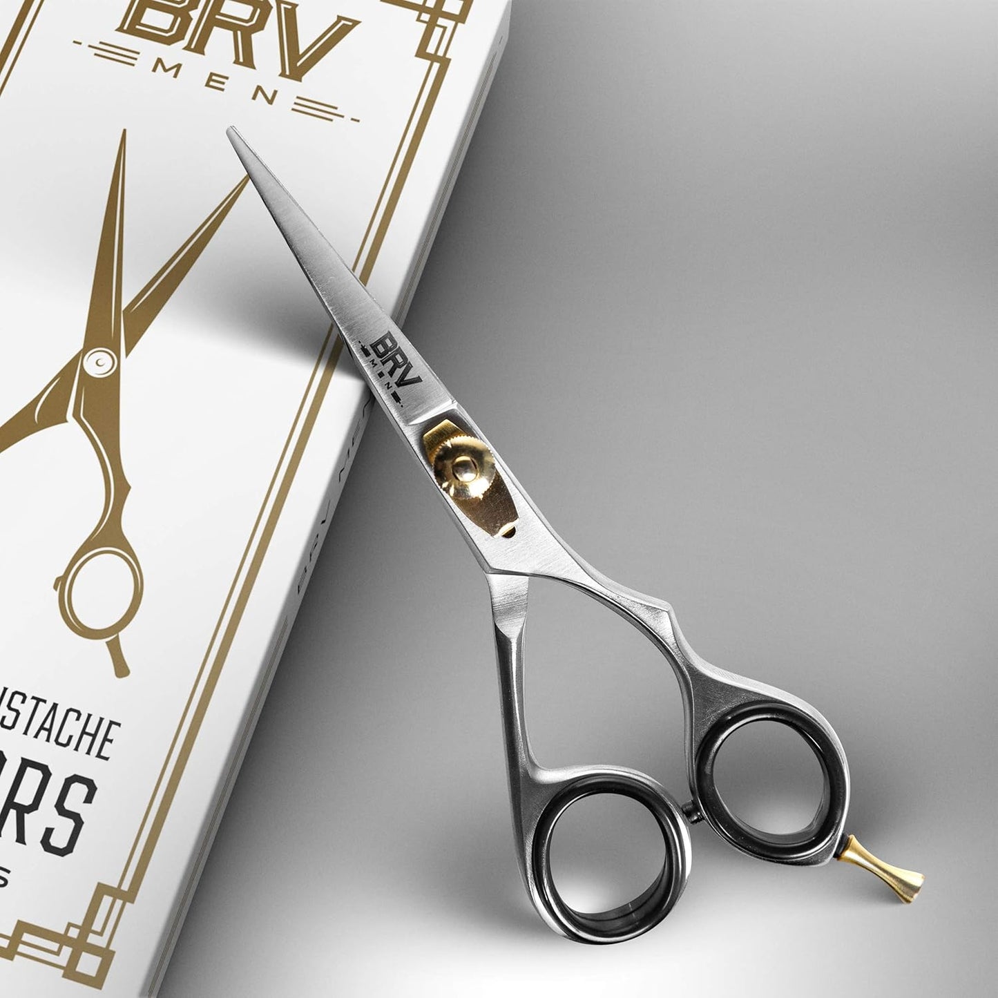 BRV MEN Professional Mustache & Beard Trimming Scissors - 5.5" | High Carbon Stainless Steel & Hammer Forged Mustache Scissors | Razor Sharp Facial Hair Trimming Shears (RIGHT HANDED - Silver)
