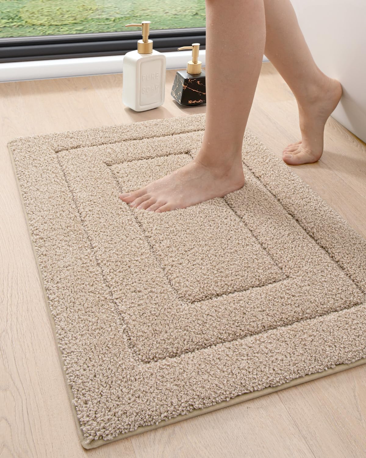 DEXI Bathroom Rug 36x24, Non Slip Washable Bath Mat for Shower Floor, Absorbent Soft Bathmat with Rubber Backing, Quick Dry Microfiber Carpet, Beige