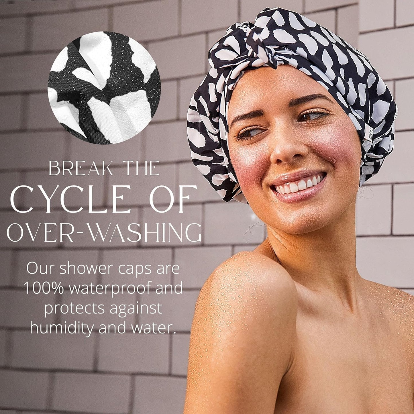 GRACE & COMPANY Luxury Shower Cap For Women - 100% Waterproof, Reusable, Washable & Breathable Shower Caps - Casablanca(Bag Packaging)