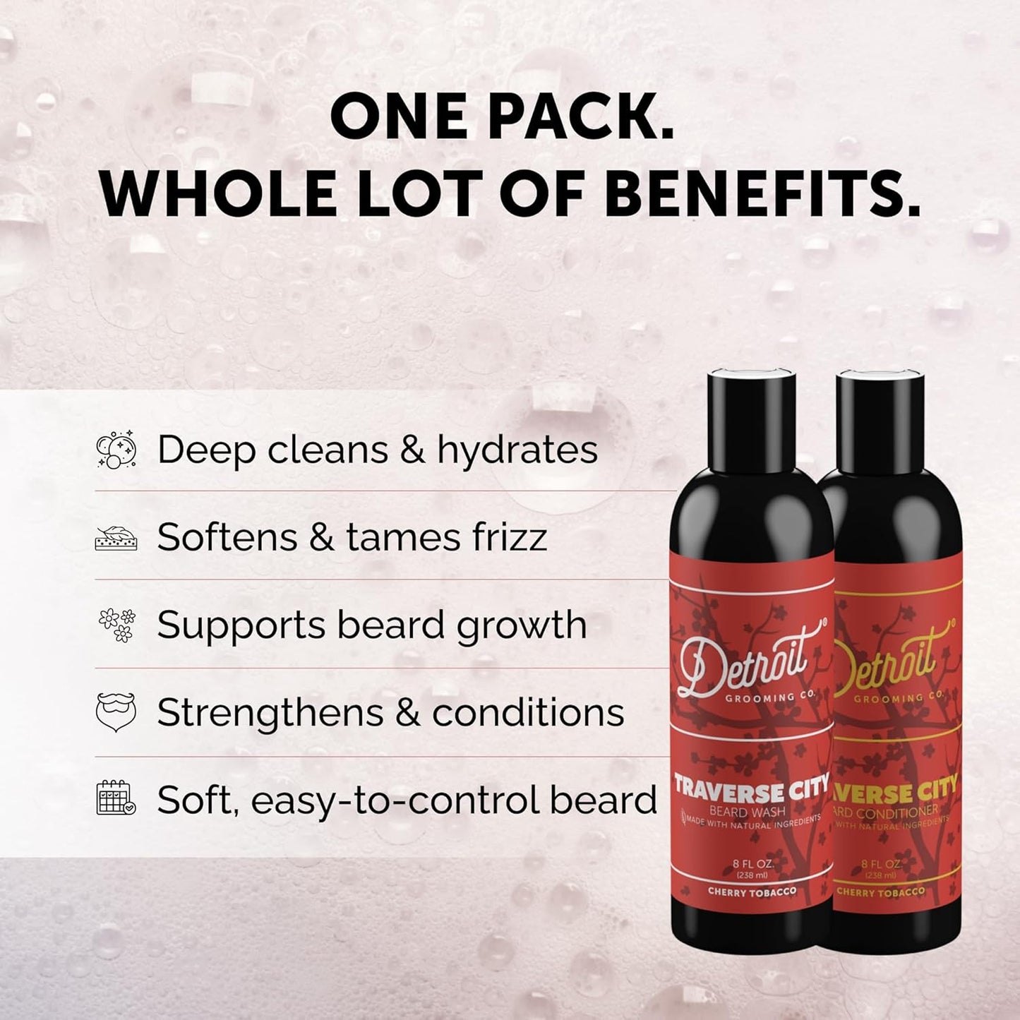Detroit. Grooming Co. Beard Wash and Beard Conditioner - Men's Kit - Softens,Strengthens,Moisturize - Biotin-Infused w/Argan Oil, Apple Extract, Aloe Vera - Cherry Tobacco Scent - Traverse City - 8oz