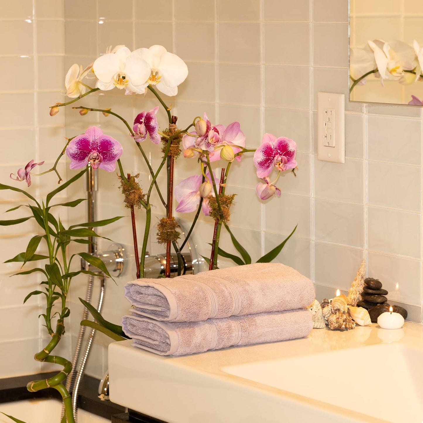 Mosobam Luxury Turkish Set of 6 Hand Towels 16X30 Lavender Aura 700 GSM Bamboo Viscose & Aegean Turkish Combed Cotton