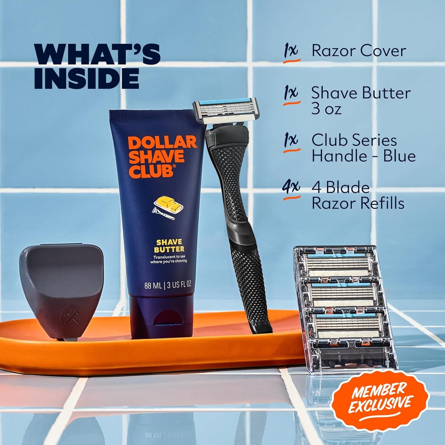 Dollar Shave Club | The Member Exclusive Shave Set | 4 Swift Rinse Refill Cartridges, 1 Handle (Black), 1 Shave Butter 3 ounce, 1 Razor Cover, Razors for Men