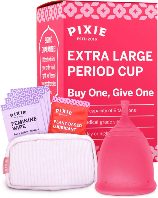 Pixie Menstrual Cup - No Metals or Toxins - Ranked 1 for The Most Soft Reusable Period Cup - Wear 12 Hours - 100% Medical-Grade Silicone - Tampon Alternative - Buy One We Give One - Extra Large