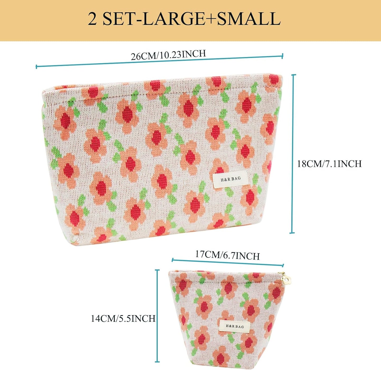 2 Pcs Makeup Bags, Large Cosmetic Bag Travel Toiletry Bag Organizer for Women, Embroidery Craft, Floral Makeup Bag Small Cosmetic Pouch Purse with Zipper Gifts for Girls Teen