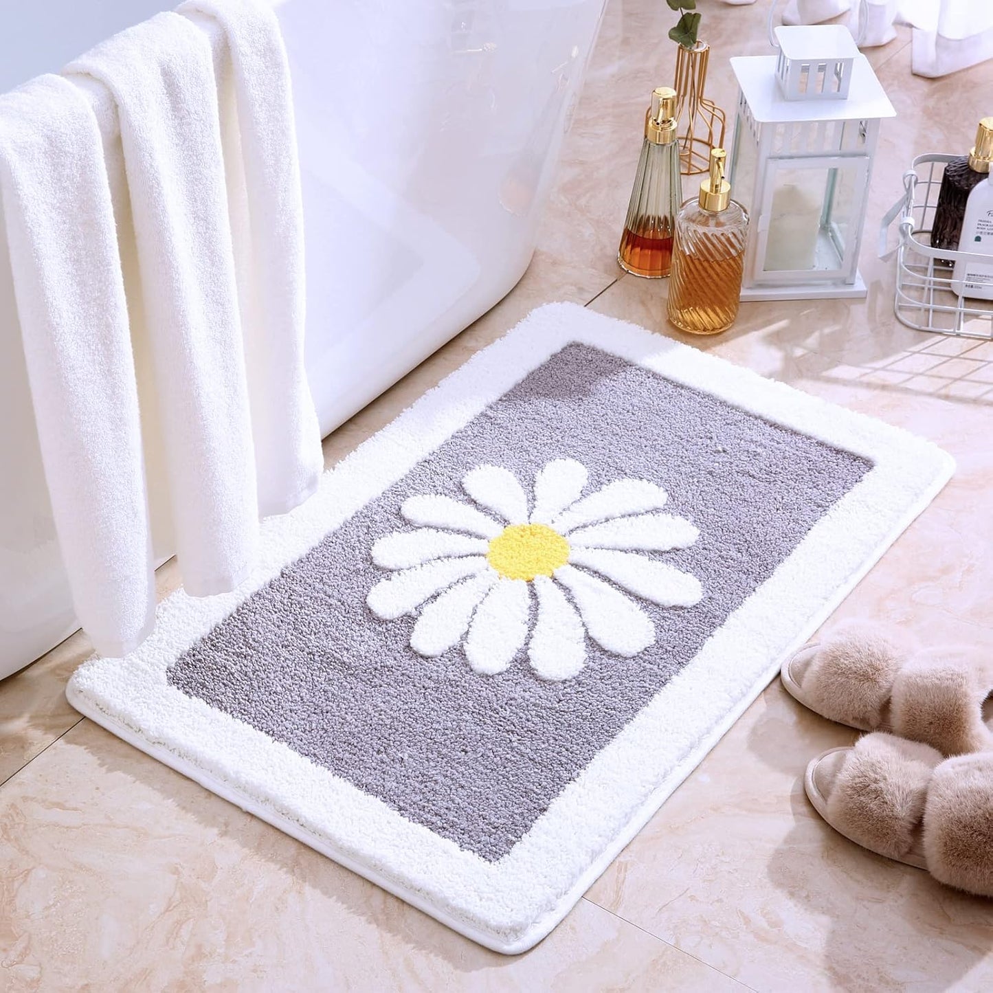 Bathroom Rugs, White Flower Fluffy Soft Superfine Fiber Rugs Non Slip Machine Wash Plush Bath Rugs for Bathroom Shower Room (20x32, Gray)