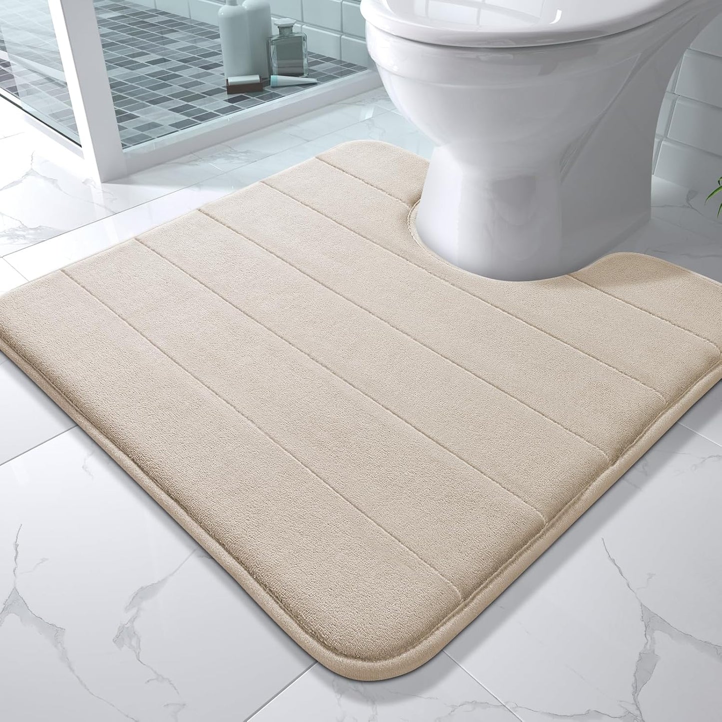 Yimobra Memory Foam Toilet Bath Mat U-Shaped, Soft and Comfortable, Super Water Absorption, Non-Slip, Thick, Machine Wash and Easier to Dry for Bathroom Commode Contour Rug, 24 X 24 Inches, Beige