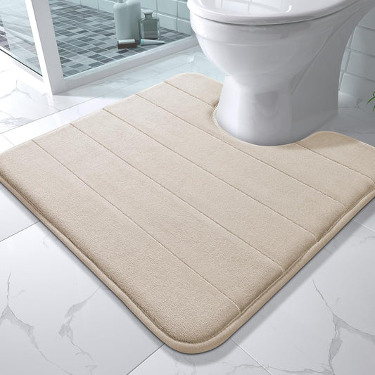 Yimobra Memory Foam Toilet Bath Mat U-Shaped, Soft and Comfortable, Super Water Absorption, Non-Slip, Thick, Machine Wash and Easier to Dry for Bathroom Commode Contour Rug, 24 X 24 Inches, Beige
