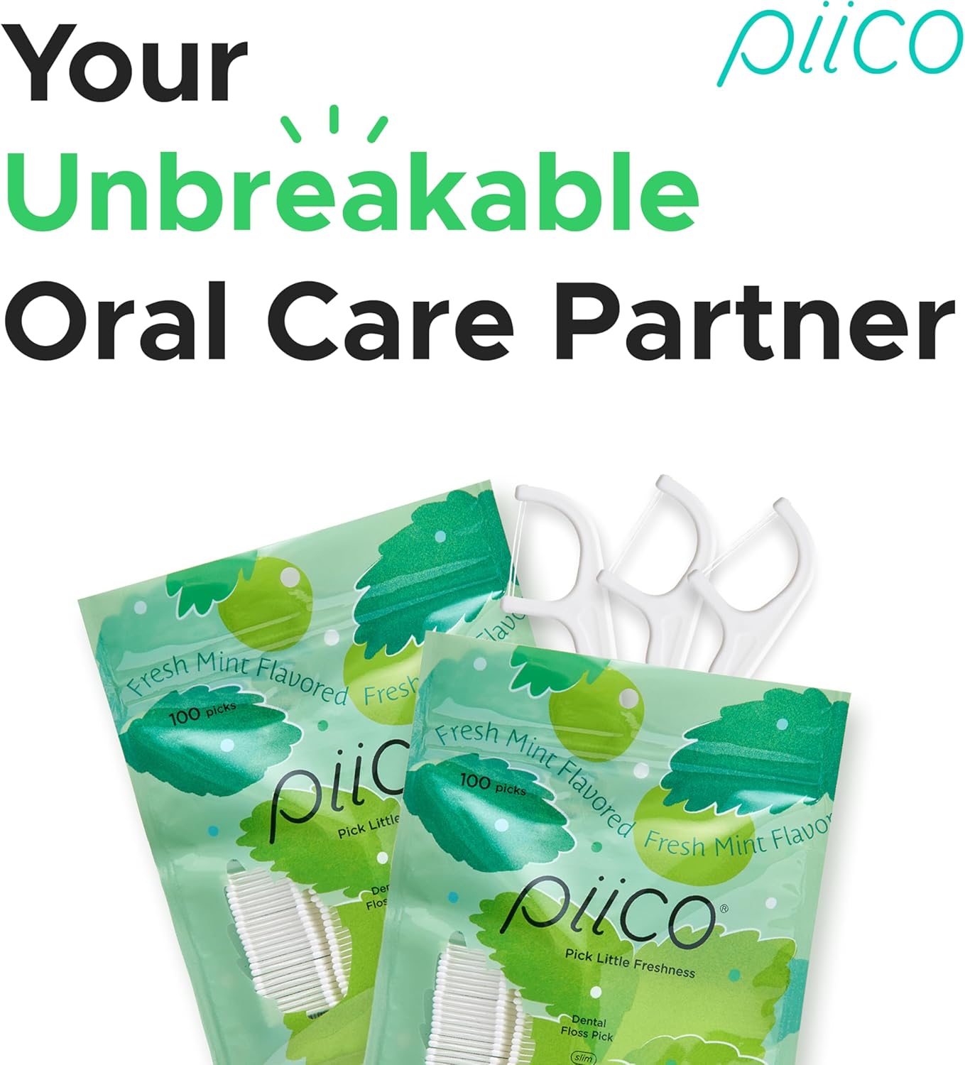 Piico Xylitol Floss Picks, 100 Count - Unbreakable, Shred-Resistant, Resealable, Unique Flavored Dental Flossers for Adults, Portable