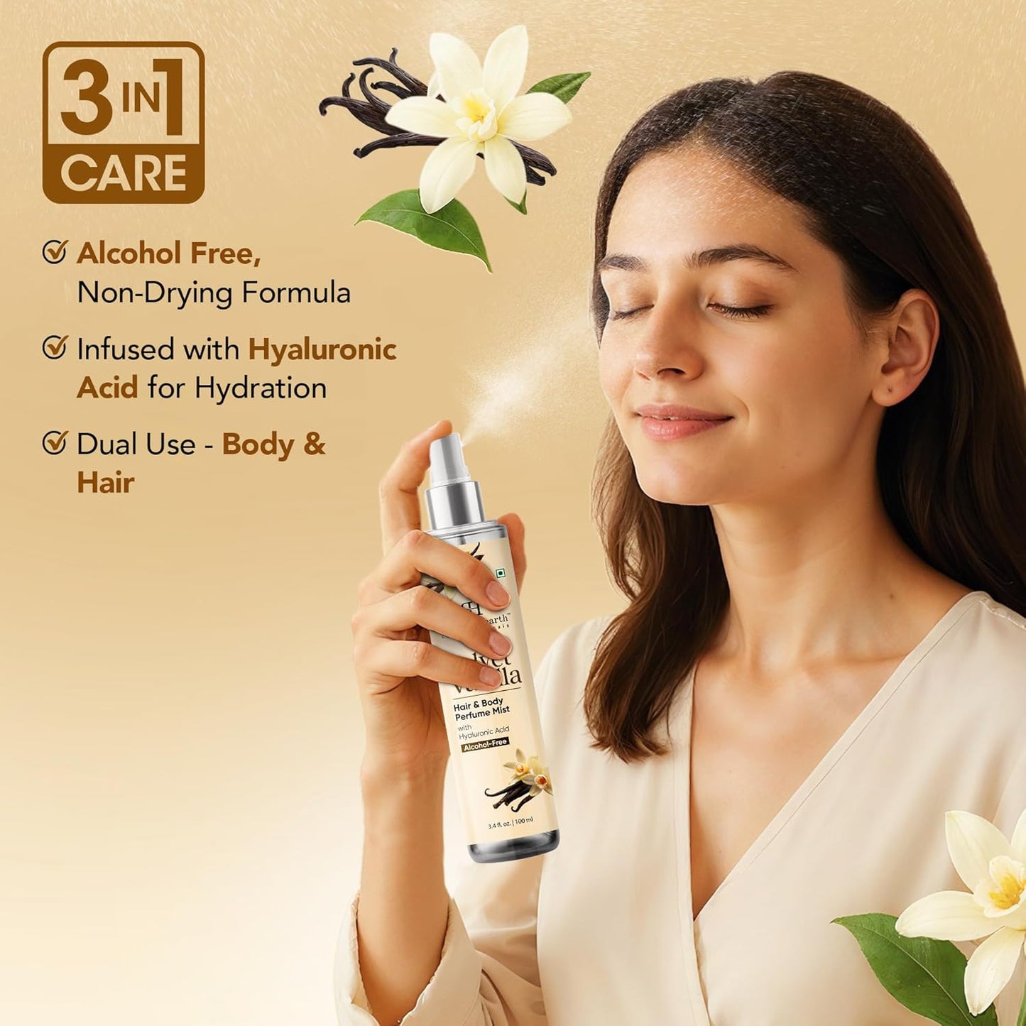 Botanic Hearth Velvet Vanilla Hair & Body Perfume Mist with Hyaluronic Acid, Alcohol-Free Formula, Long Lasting Fresh Vanilla Scent, Lightweight Body Spray for Women & Men, 3.4 fl oz / 100 ml