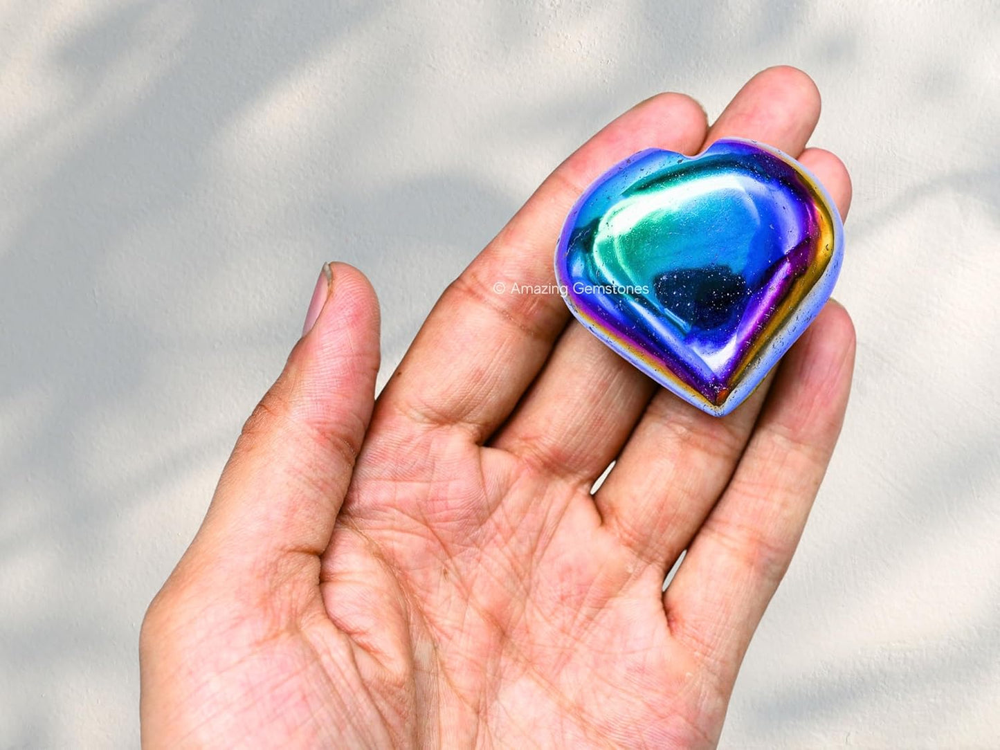 Amazing Gemstone Titanium Aura Quartz Crystal Heart Palm Stone - Pocket Massage Worry Stone for Natural Body Chakra Balancing, Reiki Healing and Crystal Grid
