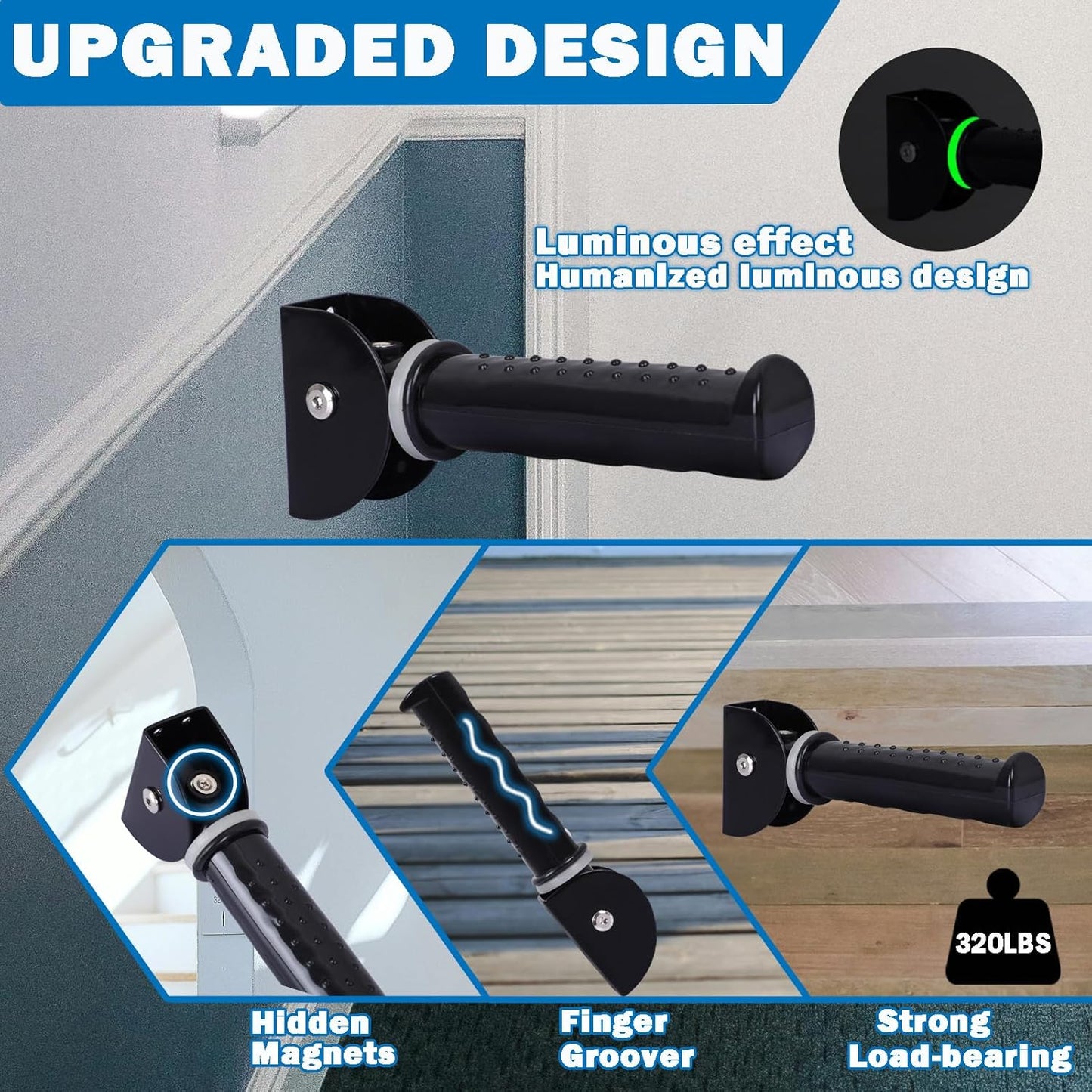 Upgrade Fluorescence Flip Up Grab Bars for Wall, 7.5 inch Folding Doorway Assist Handle, Mobility Aids, Non-Slip Grip Bar Great for Elderly Seniors, Handicap, Support Up to 320 Pounds (Black, 1 Pack)