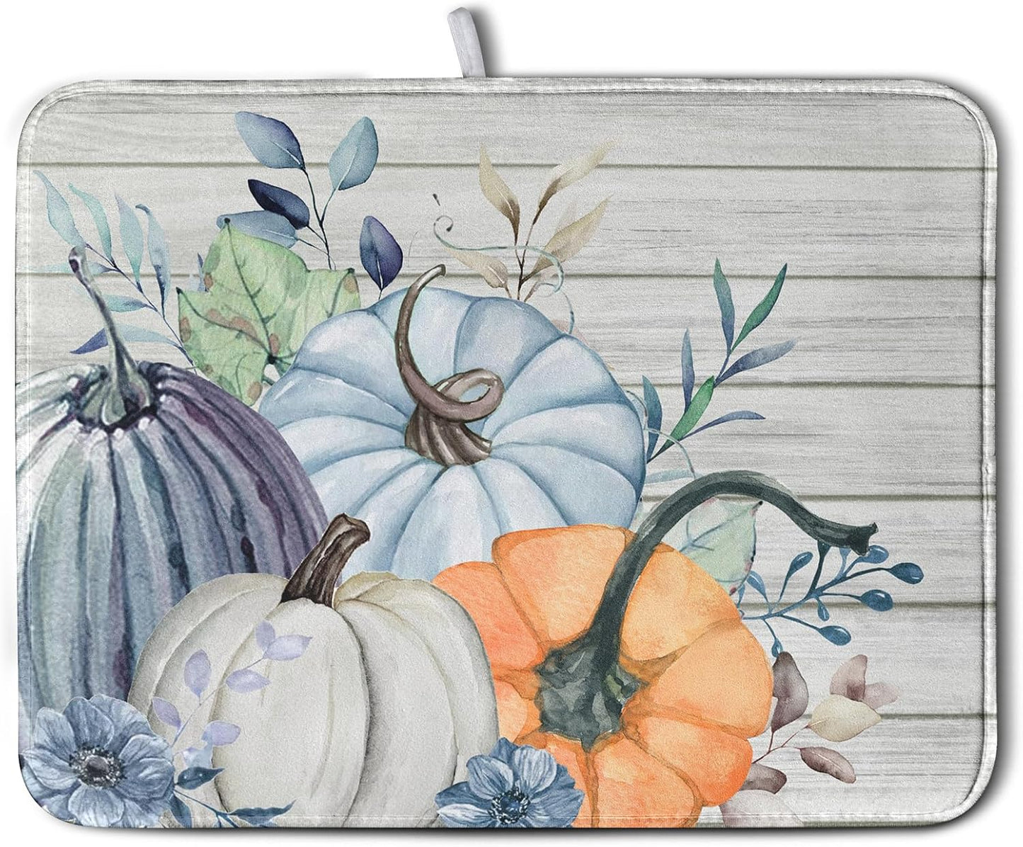 Fall Blue Orange Grey Pumpkin Kitchen Dish Drying Mat for Kitchen Counter 18x24 Inch Autumn Teal Flowers Drying Mat Thanksgiving Harvest Dish Drainer Mat Super Absorbent Dish Rack Pad for Coffee Bar