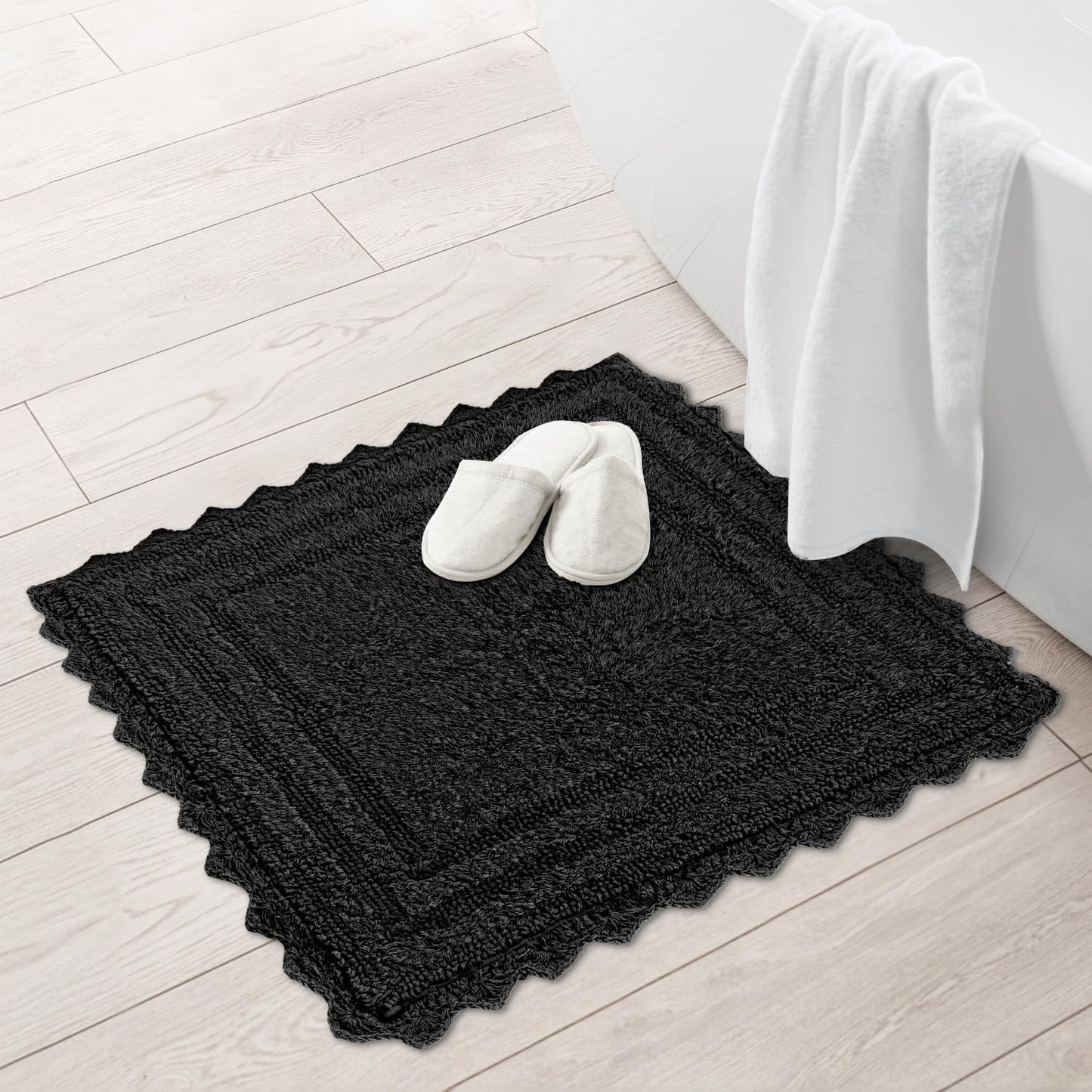 RAJRANG Black Cotton Bath Mat | 24 Inch Square Reversible Rug with Crochet Pattern for Bathroom, Spa, or Kitchen | Soft, Absorbent, Woven Boho Washable Floor Mat