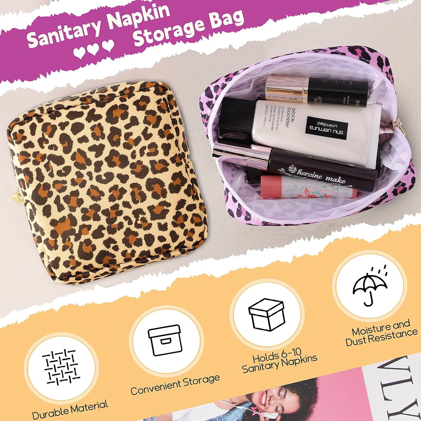 Desing Wish Sanitary Pad Storage Bag Portable Period Bag for Teen Pads/Sanitary Napkins/Small Tampons, Sanitary Napkin Storage Bag First Period Gifts for Teen Girls (Pink Leopard)