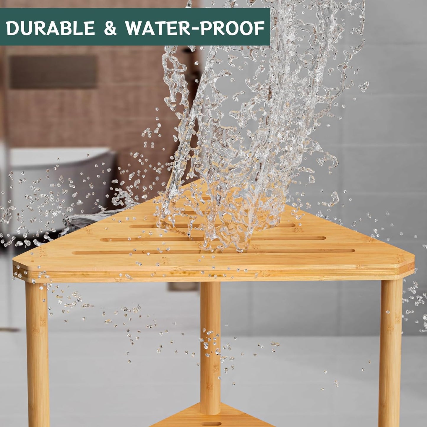 Bamboo Corner Shower Stool - Waterproof Shower Stool for Inside Shower, Shaving Legs & Small Spaces, 2-Tier Shower Foot Rest with Storage Shelf, Bath Seat & Corner Bench for Woman, Mom, Spa