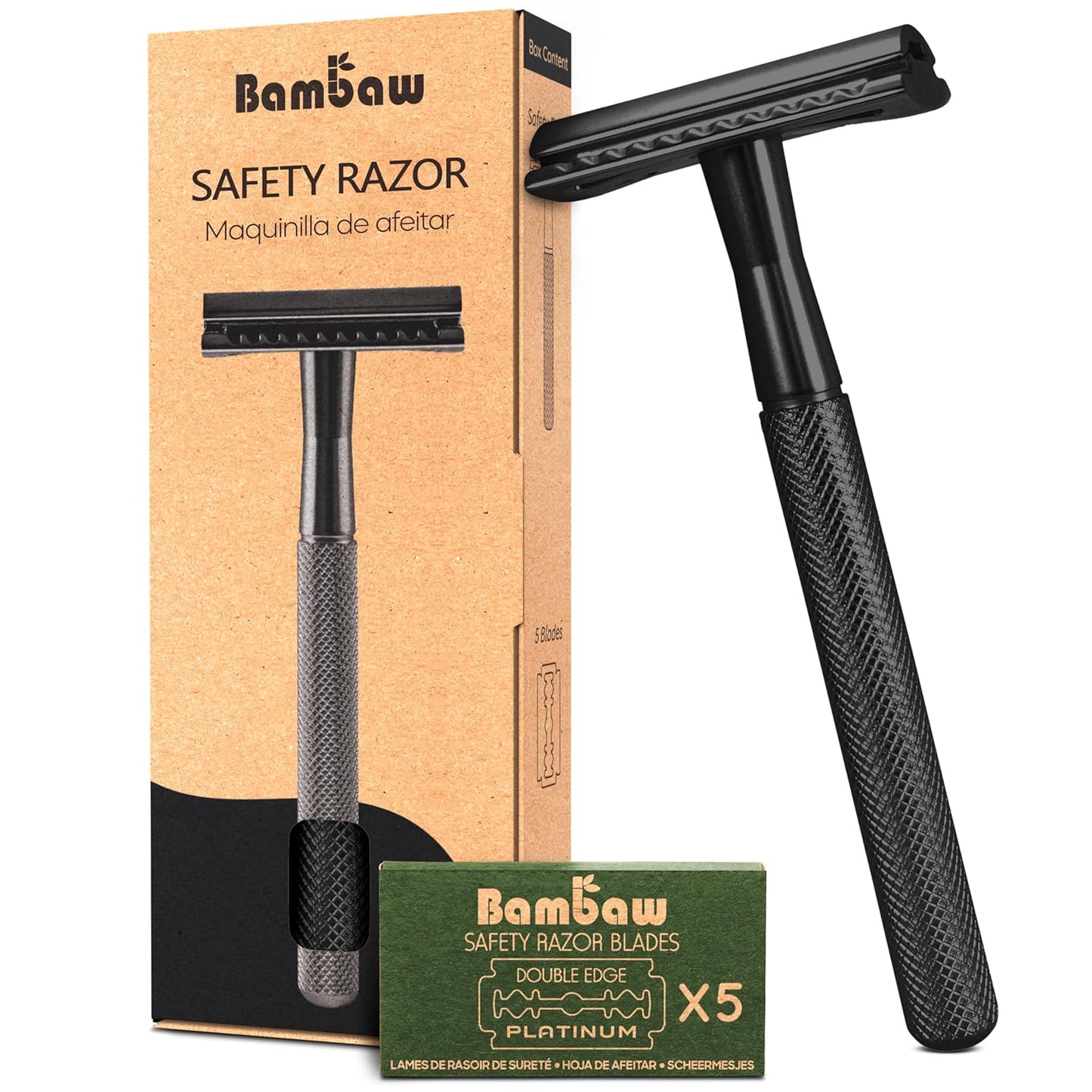 Bambaw Safety Razor for Men with 5 Blades, Double Edge Safety Razors for Men, Sustainable Single Blade Razor, Zero Waste Metal Razors - Black