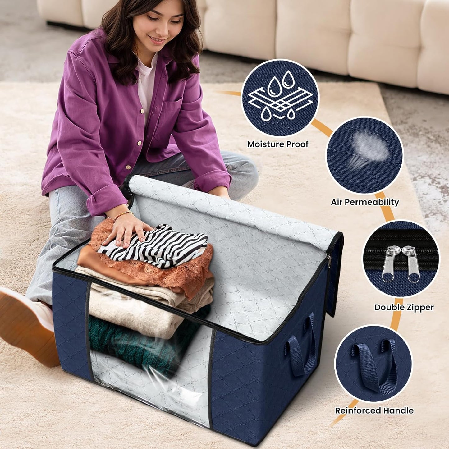 Fab totes 24 Gallons Clothes Storage, Foldable Thick Fabric Blanket Storage Bags, Containers for Organizing Bedroom, Closet, Clothing, Comforter, Organization with Handle (3 Pack,Blue)