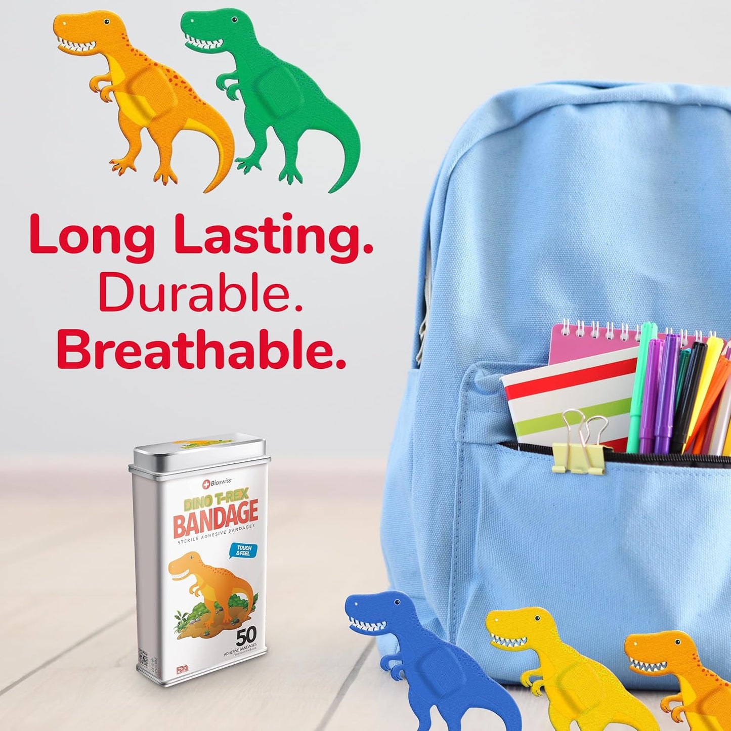 BioSwiss Kids Bandages, Dinosaur Shaped Self Adhesive Bandage Set, Latex Free, Sterile Wound Care, 50 Count