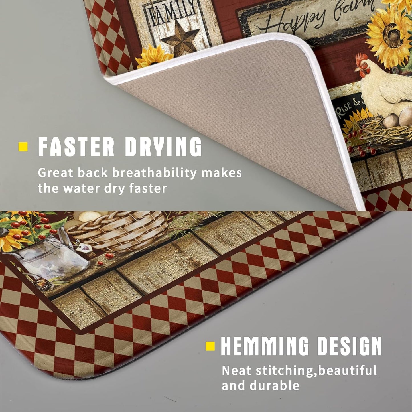 Vintage Rooster Dish Drying Mat 16x18 Inch Farmhouse Chicken Dish Drainer Pad Microfiber Absorbent Fast Dry Kitchen Counter Accessories