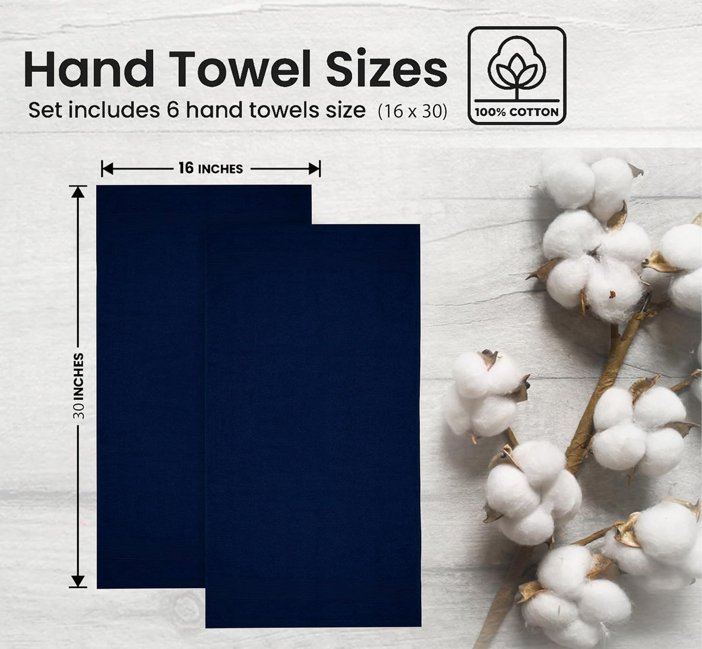 Premium Hand Towels Pack of 6 (16" x 30”) 100% Combed Ring Spun Cotton | Highly Absorbent Hand Towels Set | Ultra Soft for Home, Gym & Spa (Navy Blue)