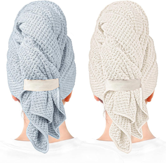 2 Packs Large Microfiber Hair Towels for Women, Super Absorbent & Quick Dry Hair Towel Wrap for Curly Hair Long & Short Hair- Anti-Frizz Hair Turbans for Wet Hair (Blue/White) - 27.5''*39.4''