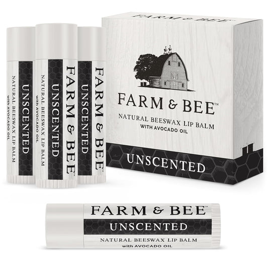 Natural Lip Balm - Organic & Natural Ingredients - Beeswax Based Moisturizing Lip Care Chapstick for Chapped Lips - Great Gift Idea - Farm & Bee - 0.15oz (Pack of 4 - Unscented)
