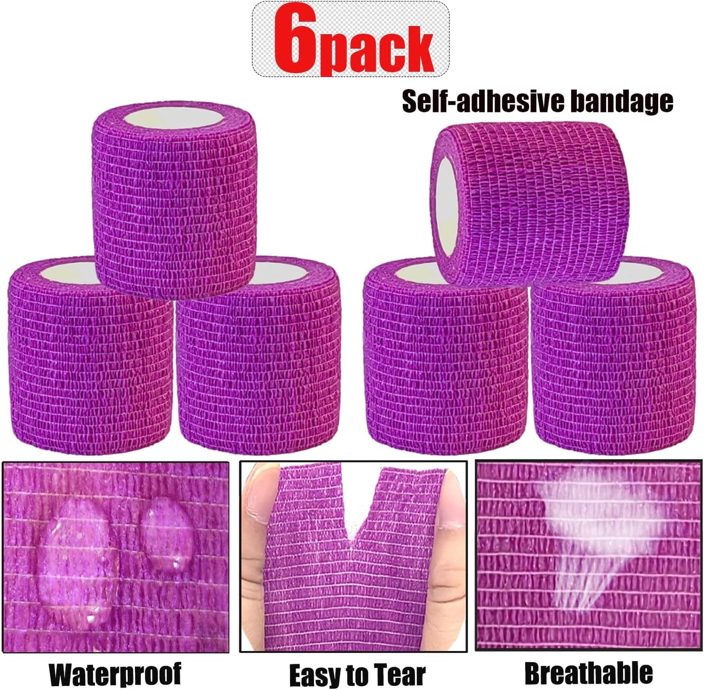 Hysiwen 6 Pack 2" x 5 Yards Self Adhesive Bandage Breathable Cohesive Wrap Self Adherent Vet Tape Self Stick Bandage Wrap for Sports, Athletic, Wrist, Ankle(Purple)