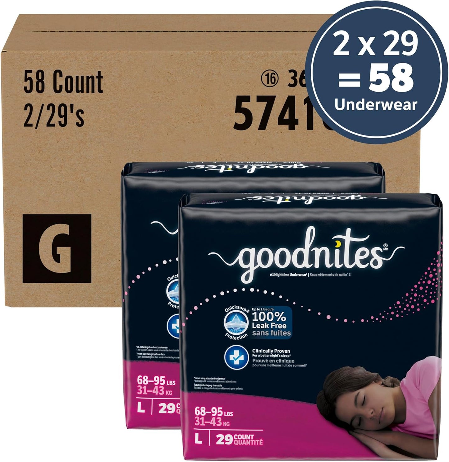 Goodnites Girls' Nighttime Bedwetting Underwear, Size Large (68-95 lbs), 58 Ct (2 Packs of 29), Packaging May Vary